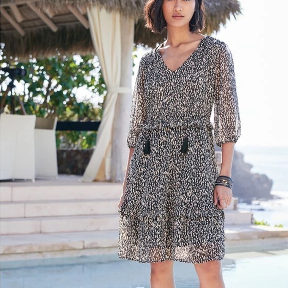 NEW Soft Surroundings Hazel Dress Black Tan Print Tiered 1X Plus Sheer Gauzy NWT